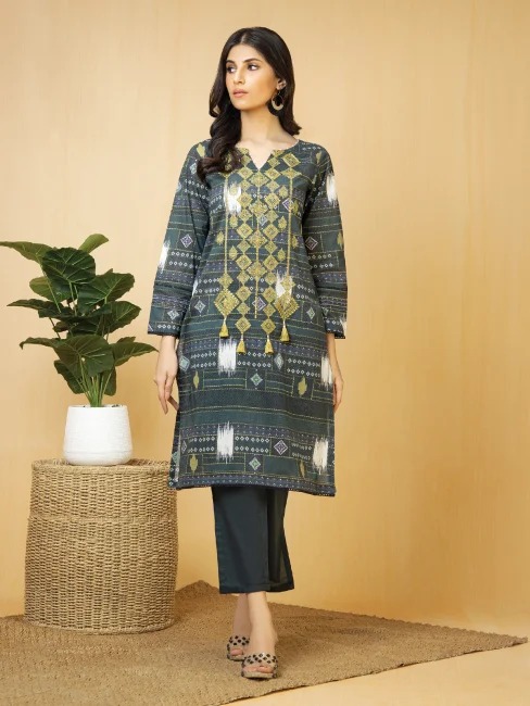 EWU22V1-23567 Unstitched Bottle Green Embroidered Lawn 2 Piece